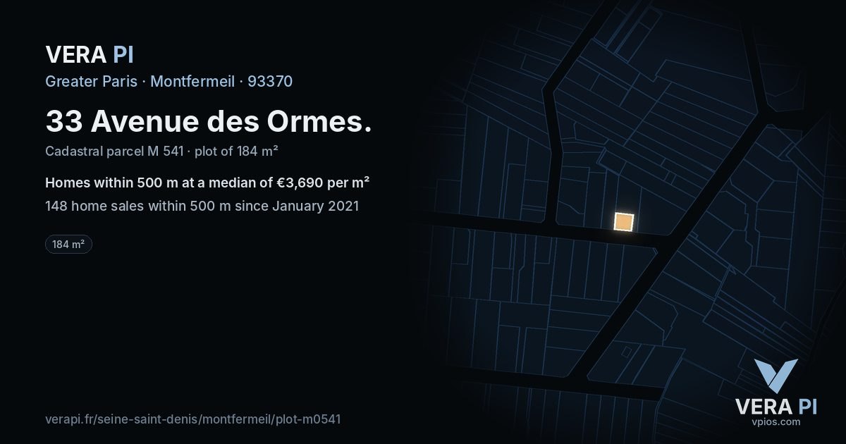 33 Avenue des Ormes, Montfermeil at night – the plot lit, the parcels around coloured by the prices near them