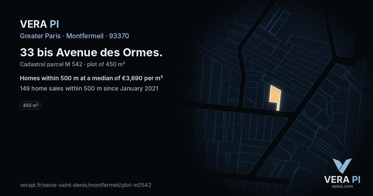 33 bis Avenue des Ormes, Montfermeil at night – the plot lit, the parcels around coloured by the prices near them