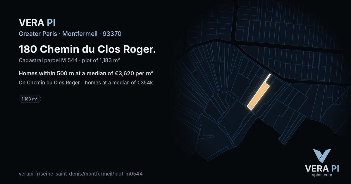 180 Chemin du Clos Roger, Montfermeil at night – the plot lit, the parcels around coloured by the prices near them