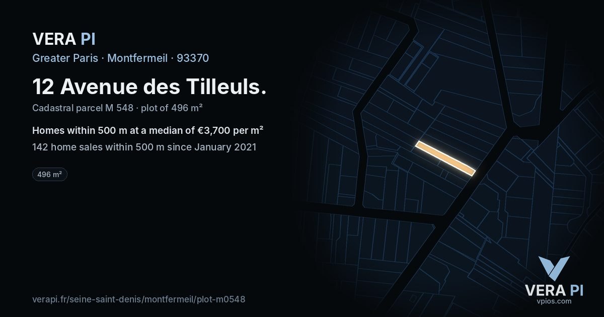 12 Avenue des Tilleuls, Montfermeil at night – the plot lit, the parcels around coloured by the prices near them