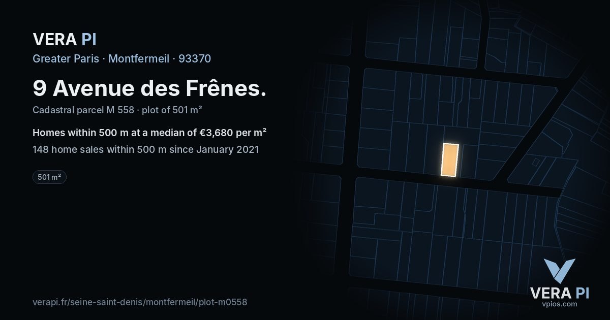 9 Avenue des Frênes, Montfermeil at night – the plot lit, the parcels around coloured by the prices near them