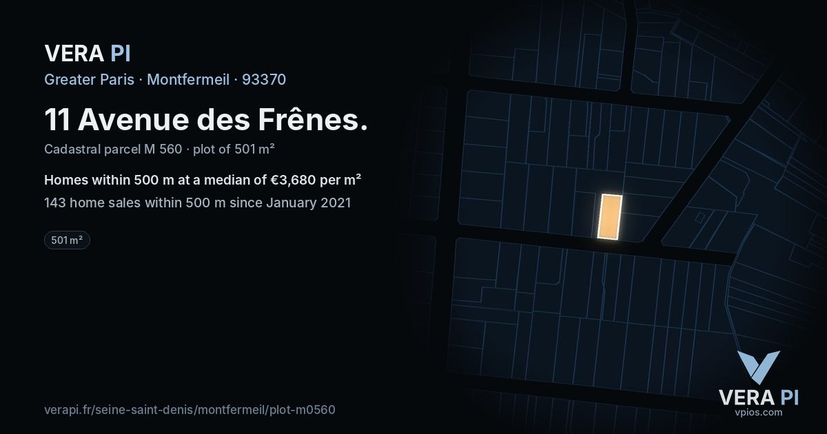 11 Avenue des Frênes, Montfermeil at night – the plot lit, the parcels around coloured by the prices near them