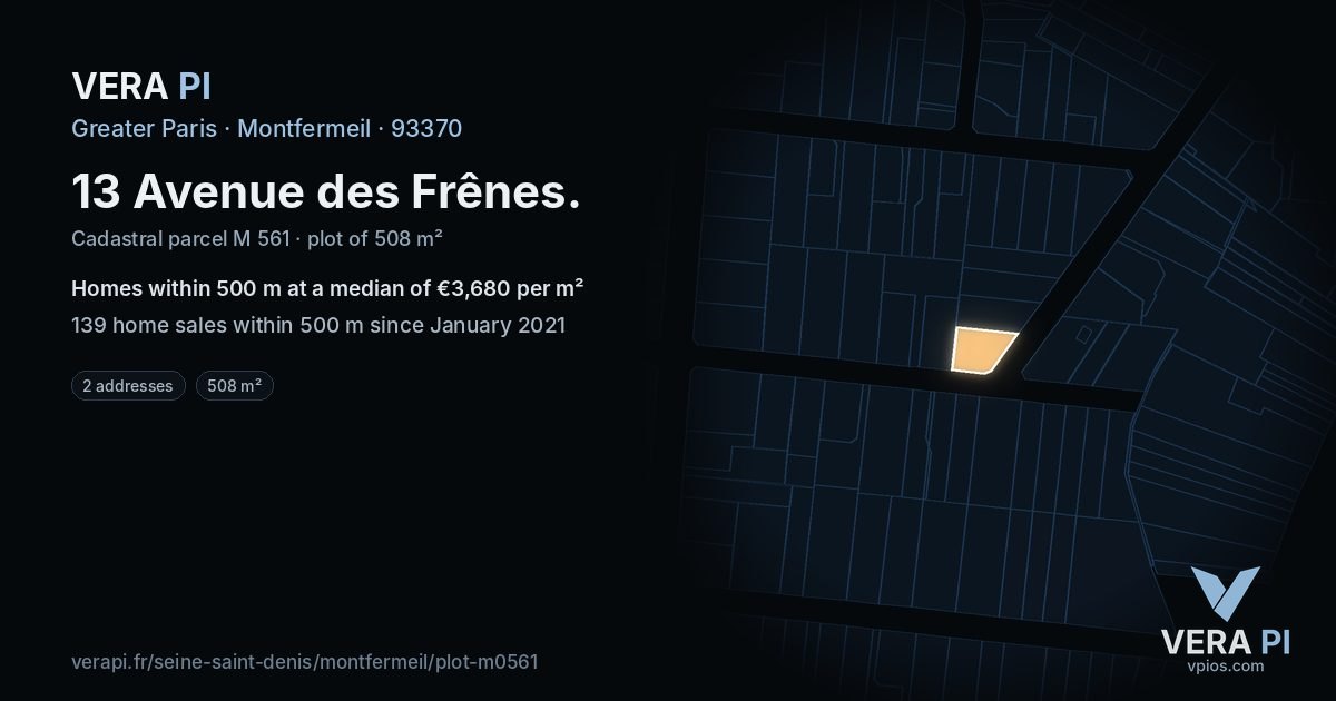 13 Avenue des Frênes, Montfermeil at night – the plot lit, the parcels around coloured by the prices near them