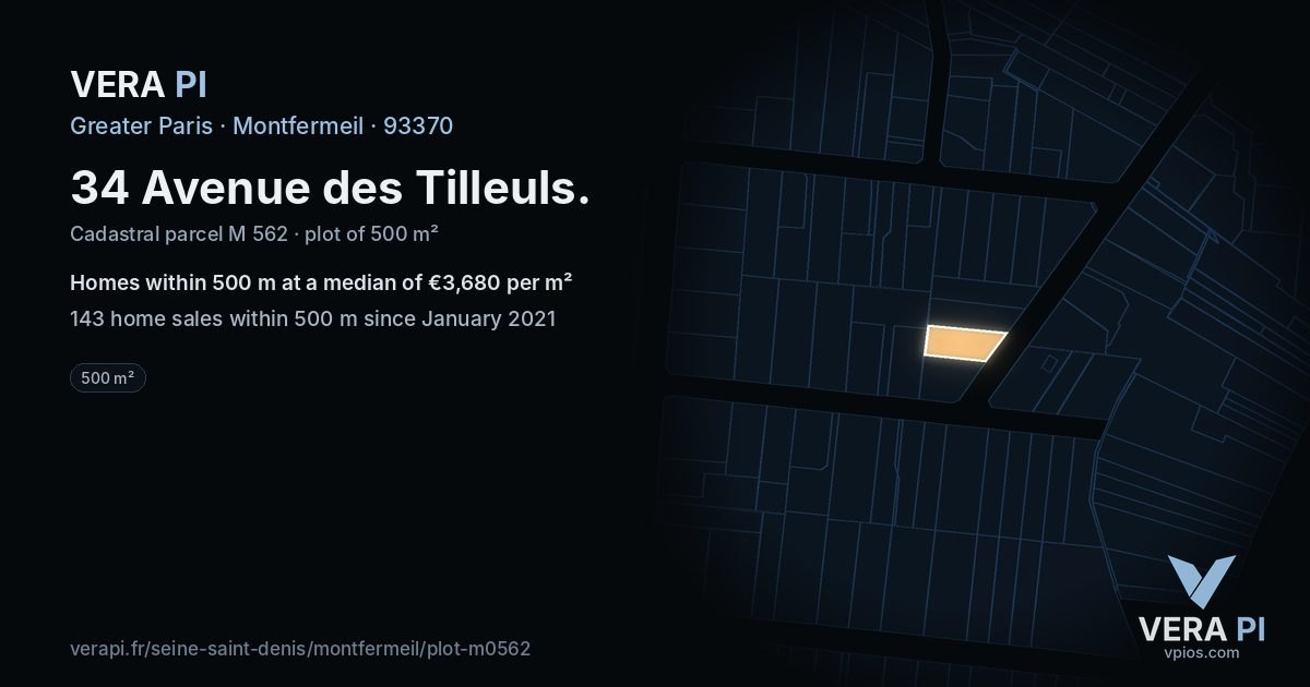 34 Avenue des Tilleuls, Montfermeil at night – the plot lit, the parcels around coloured by the prices near them