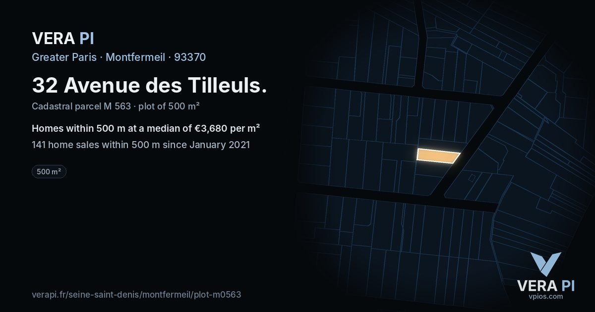 32 Avenue des Tilleuls, Montfermeil at night – the plot lit, the parcels around coloured by the prices near them