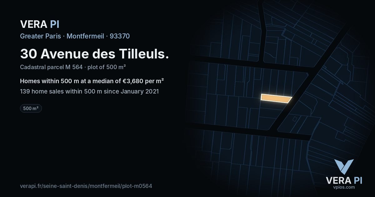 30 Avenue des Tilleuls, Montfermeil at night – the plot lit, the parcels around coloured by the prices near them