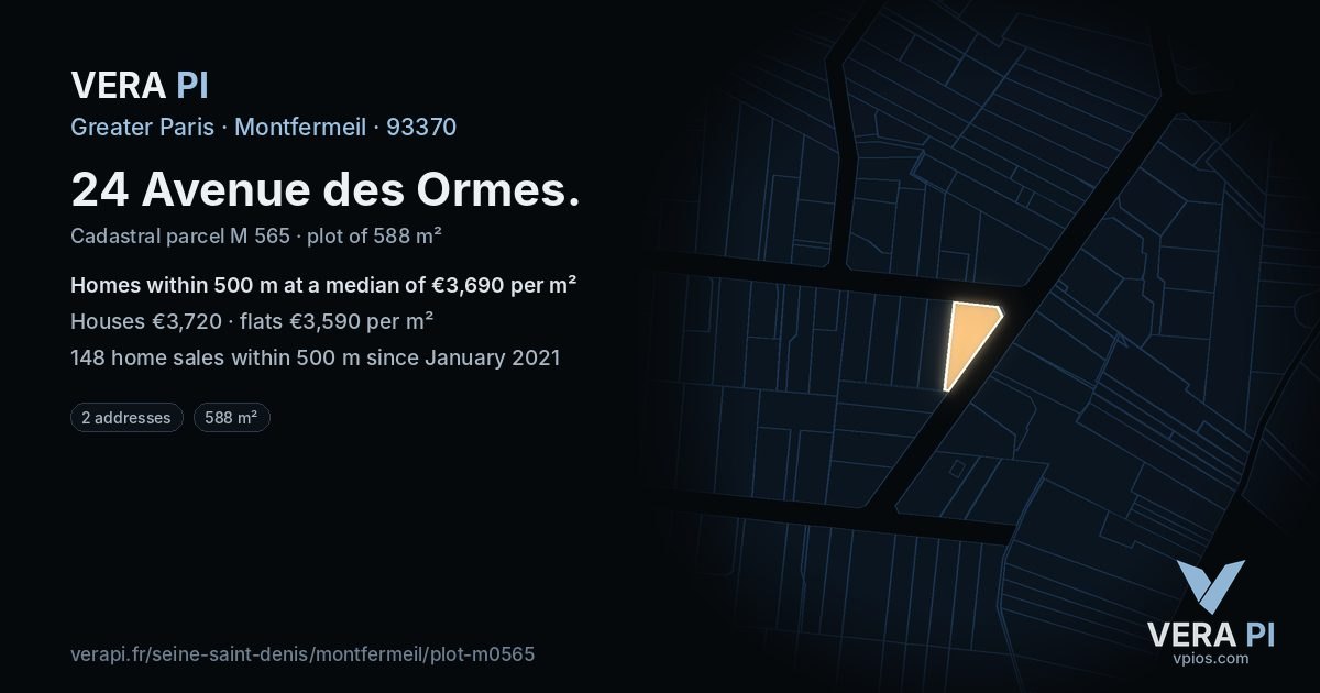 24 Avenue des Ormes, Montfermeil at night – the plot lit, the parcels around coloured by the prices near them