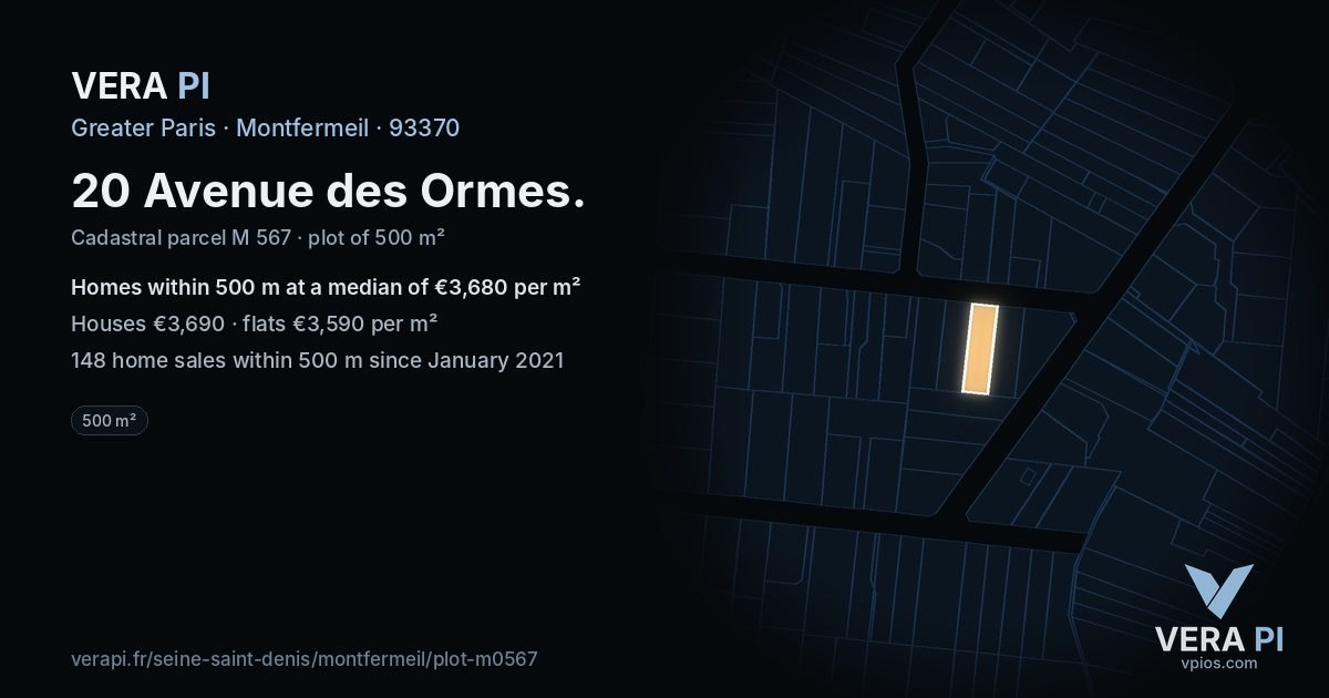 20 Avenue des Ormes, Montfermeil at night – the plot lit, the parcels around coloured by the prices near them