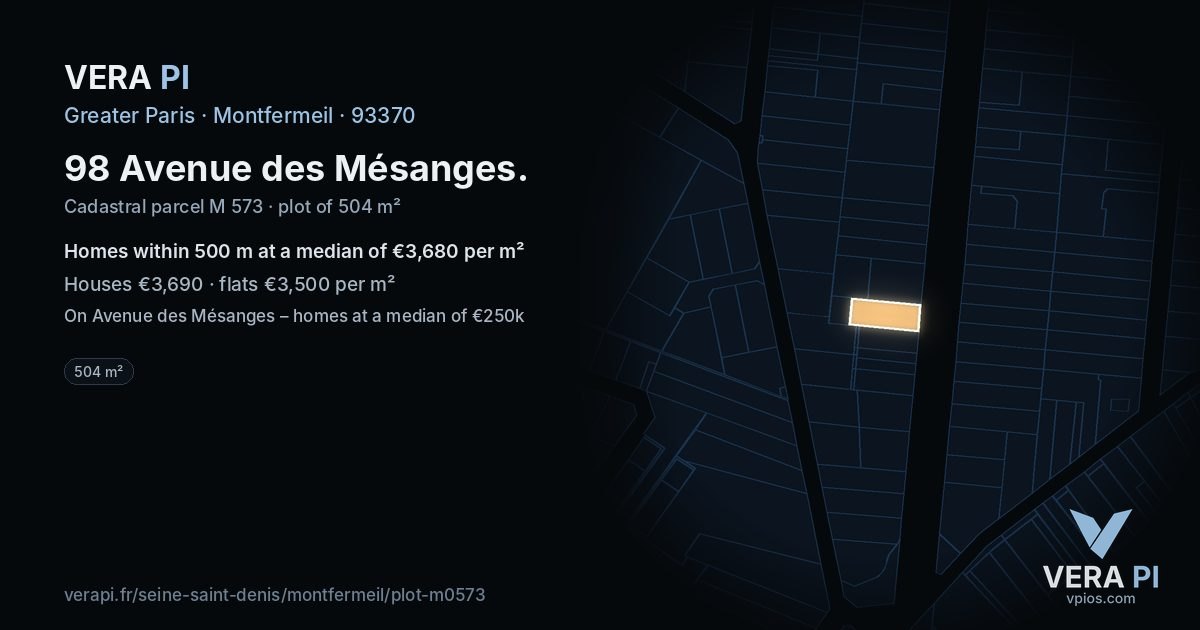 98 Avenue des Mésanges, Montfermeil at night – the plot lit, the parcels around coloured by the prices near them