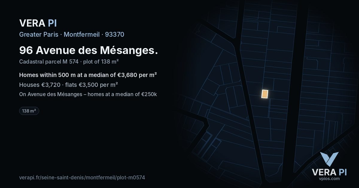96 Avenue des Mésanges, Montfermeil at night – the plot lit, the parcels around coloured by the prices near them