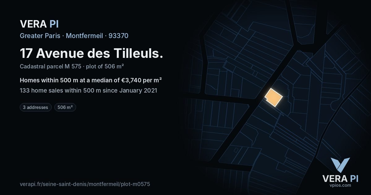17 Avenue des Tilleuls, Montfermeil at night – the plot lit, the parcels around coloured by the prices near them