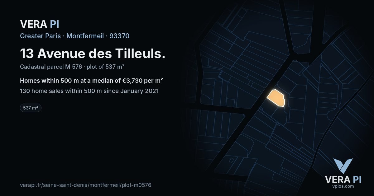 13 Avenue des Tilleuls, Montfermeil at night – the plot lit, the parcels around coloured by the prices near them