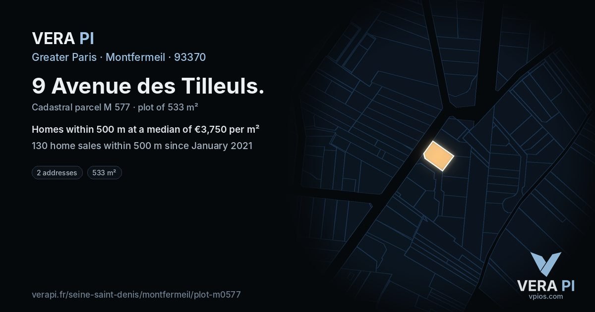 9 Avenue des Tilleuls, Montfermeil at night – the plot lit, the parcels around coloured by the prices near them