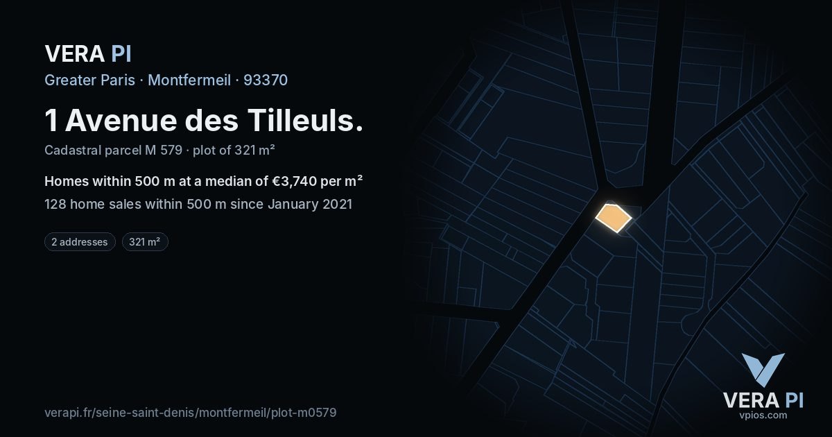1 Avenue des Tilleuls, Montfermeil at night – the plot lit, the parcels around coloured by the prices near them