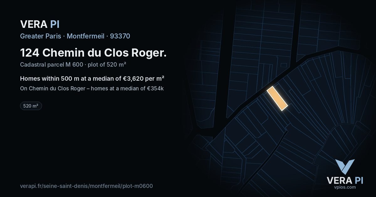 124 Chemin du Clos Roger, Montfermeil at night – the plot lit, the parcels around coloured by the prices near them