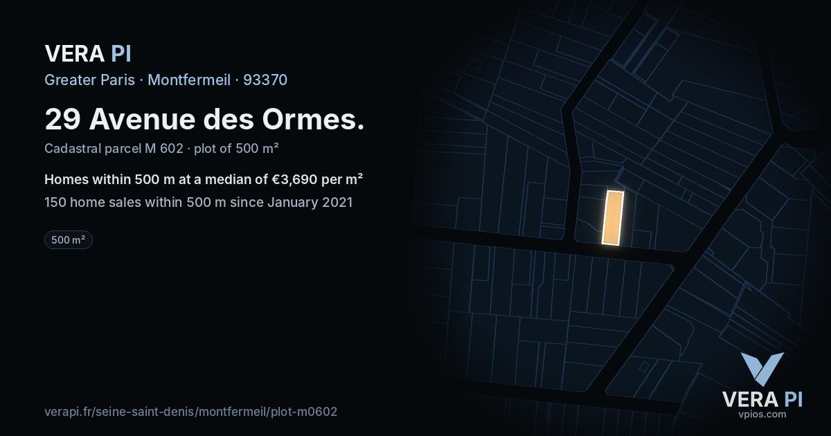 29 Avenue des Ormes, Montfermeil at night – the plot lit, the parcels around coloured by the prices near them