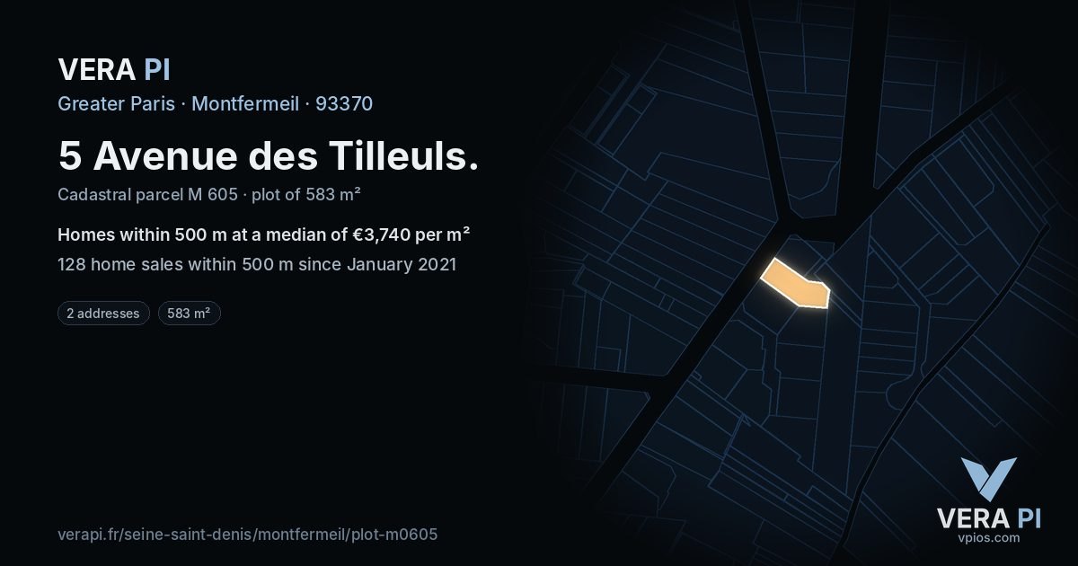 5 Avenue des Tilleuls, Montfermeil at night – the plot lit, the parcels around coloured by the prices near them
