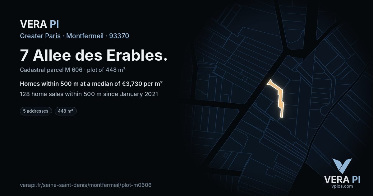 7 Allee des Erables, Montfermeil at night – the plot lit, the parcels around coloured by the prices near them