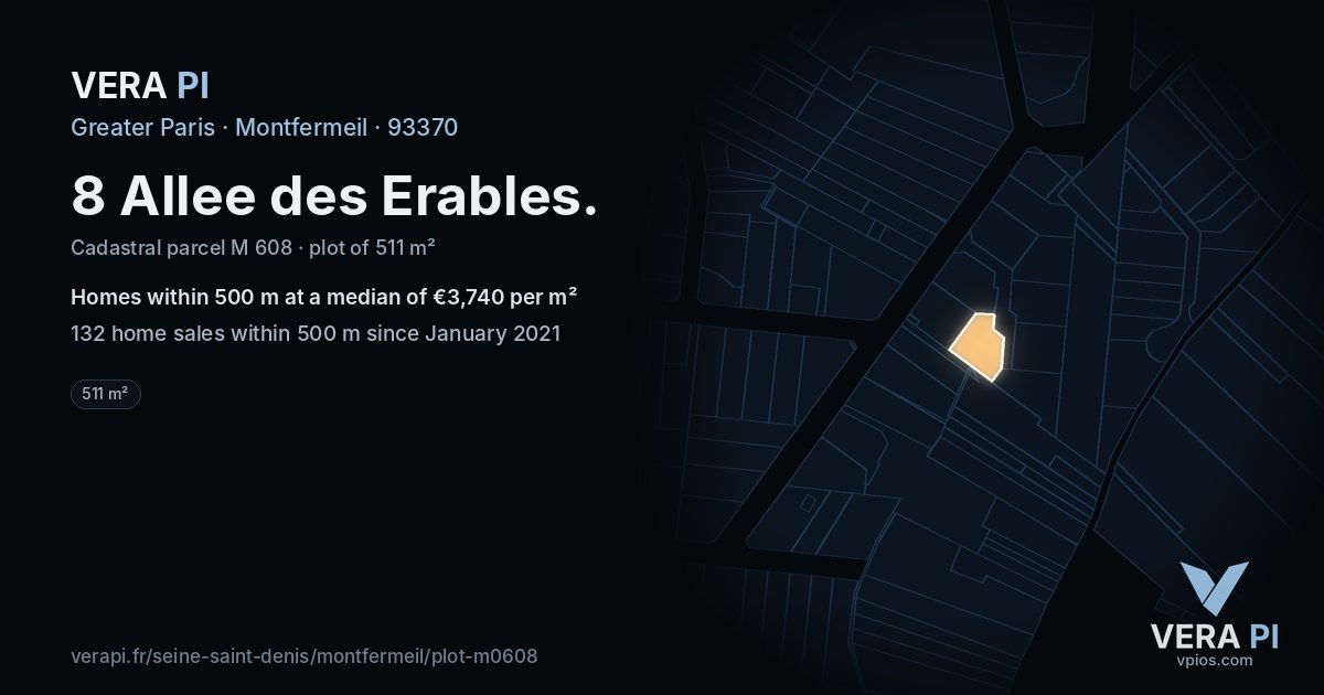 8 Allee des Erables, Montfermeil at night – the plot lit, the parcels around coloured by the prices near them