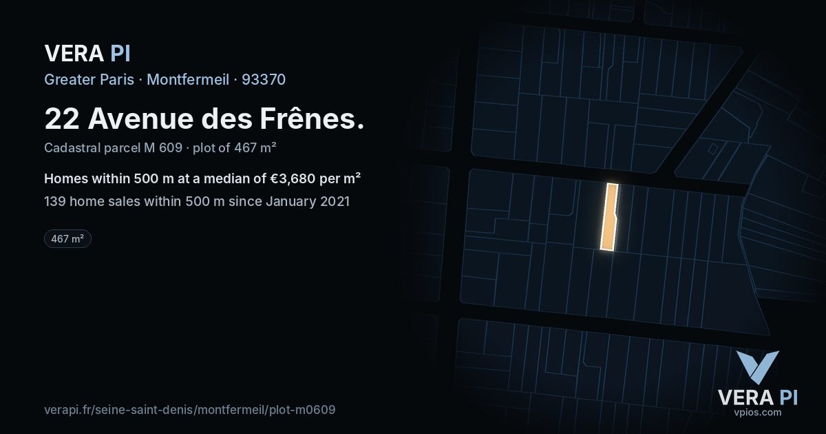 22 Avenue des Frênes, Montfermeil at night – the plot lit, the parcels around coloured by the prices near them