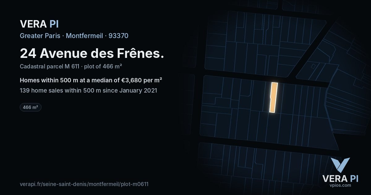 24 Avenue des Frênes, Montfermeil at night – the plot lit, the parcels around coloured by the prices near them
