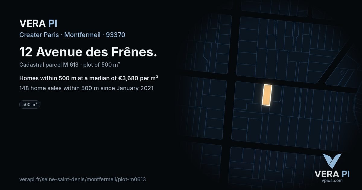 12 Avenue des Frênes, Montfermeil at night – the plot lit, the parcels around coloured by the prices near them