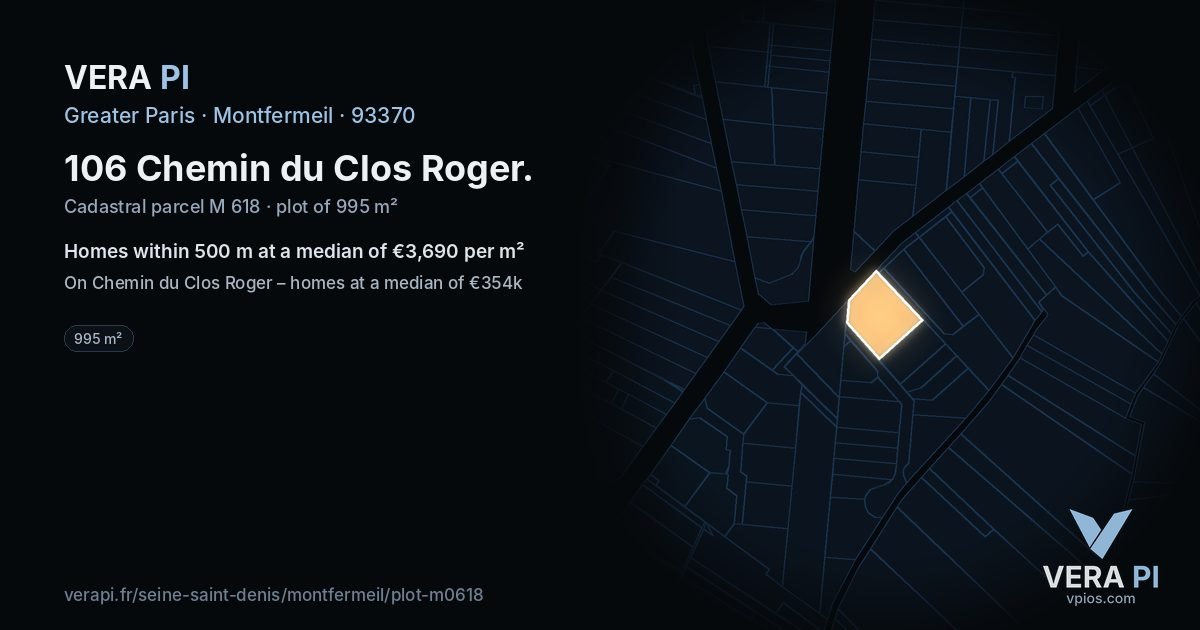 106 Chemin du Clos Roger, Montfermeil at night – the plot lit, the parcels around coloured by the prices near them