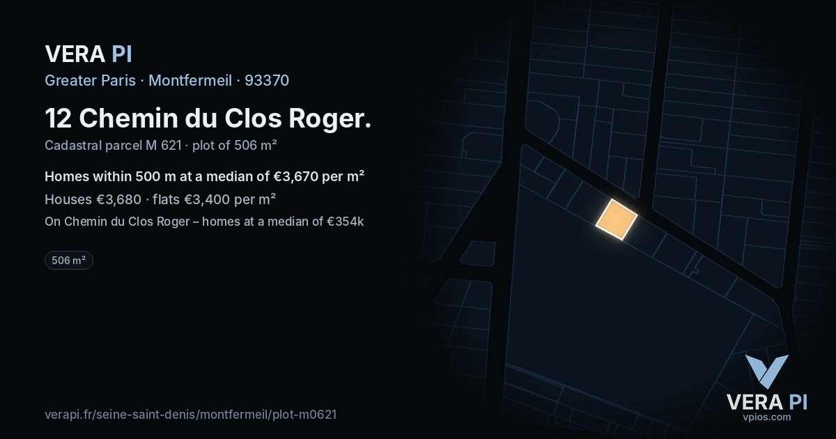 12 Chemin du Clos Roger, Montfermeil at night – the plot lit, the parcels around coloured by the prices near them