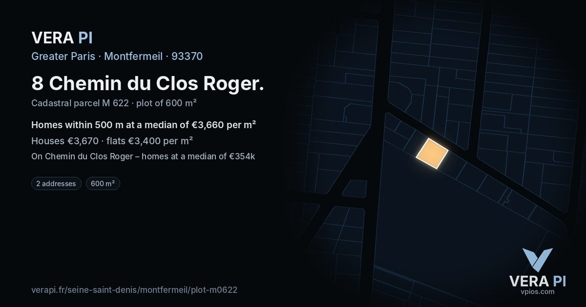 8 Chemin du Clos Roger, Montfermeil at night – the plot lit, the parcels around coloured by the prices near them