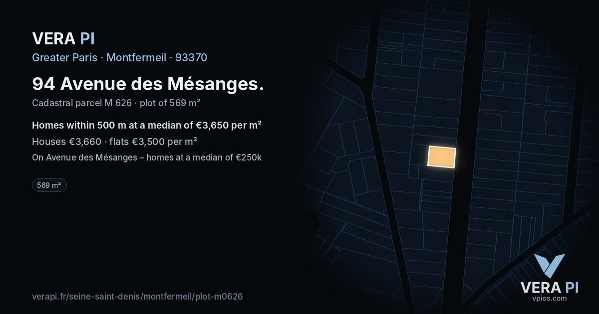 94 Avenue des Mésanges, Montfermeil at night – the plot lit, the parcels around coloured by the prices near them