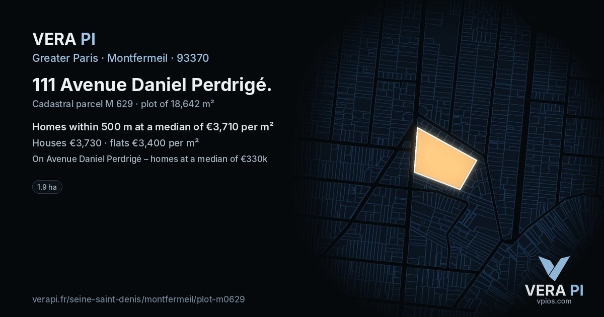 111 Avenue Daniel Perdrigé, Montfermeil at night – the plot lit, the parcels around coloured by the prices near them