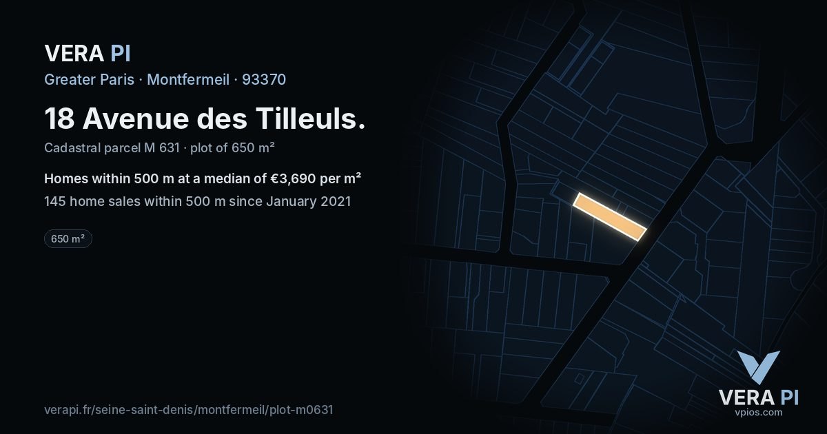 18 Avenue des Tilleuls, Montfermeil at night – the plot lit, the parcels around coloured by the prices near them
