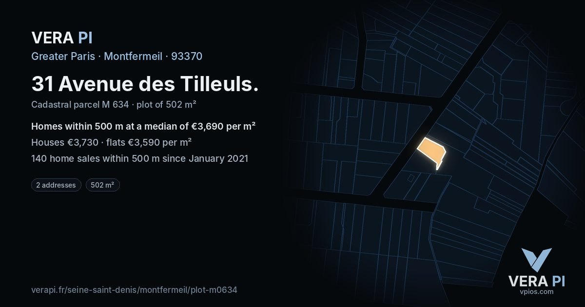 31 Avenue des Tilleuls, Montfermeil at night – the plot lit, the parcels around coloured by the prices near them