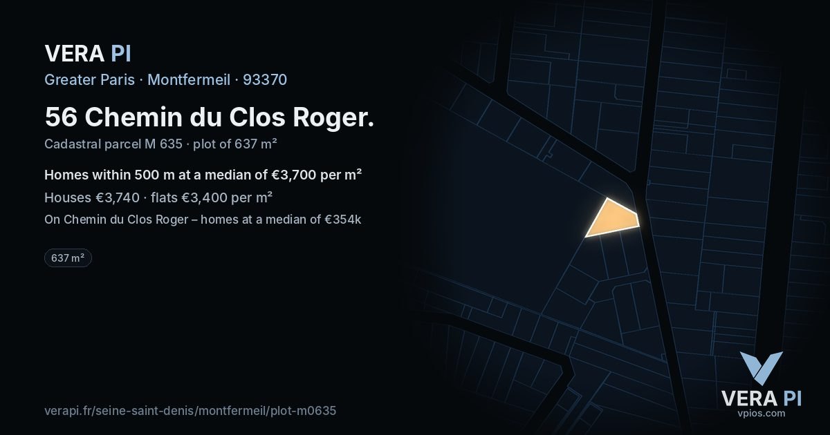 56 Chemin du Clos Roger, Montfermeil at night – the plot lit, the parcels around coloured by the prices near them