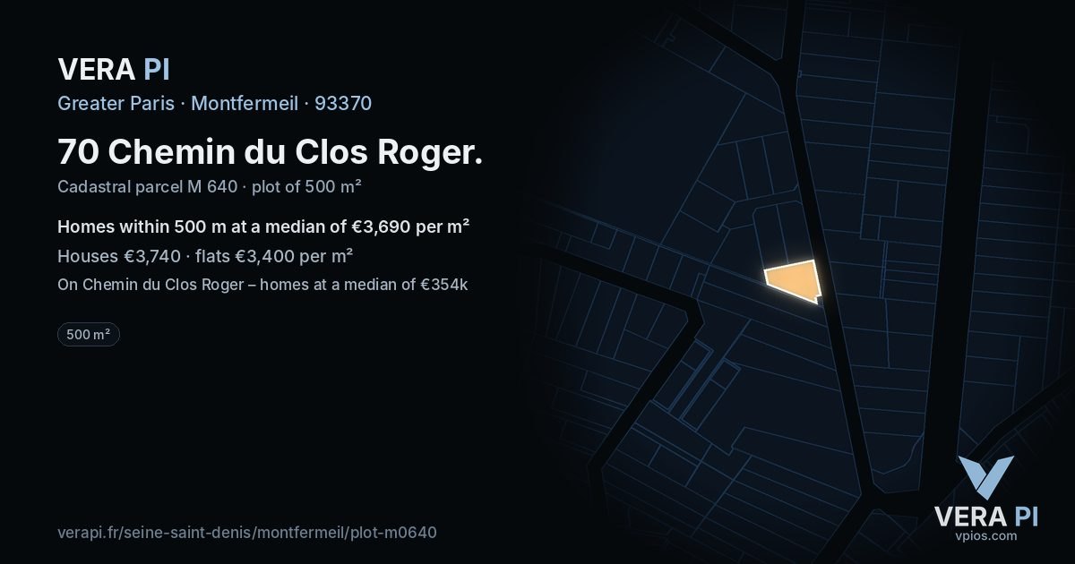 70 Chemin du Clos Roger, Montfermeil at night – the plot lit, the parcels around coloured by the prices near them