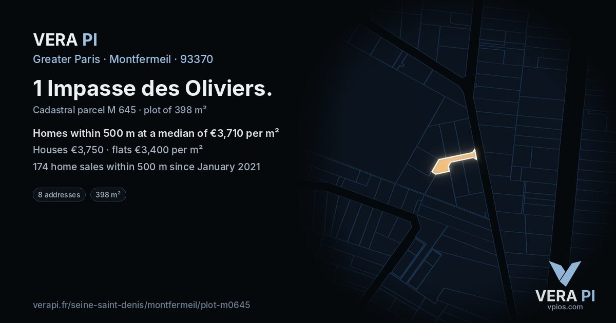 1 Impasse des Oliviers, Montfermeil at night – the plot lit, the parcels around coloured by the prices near them