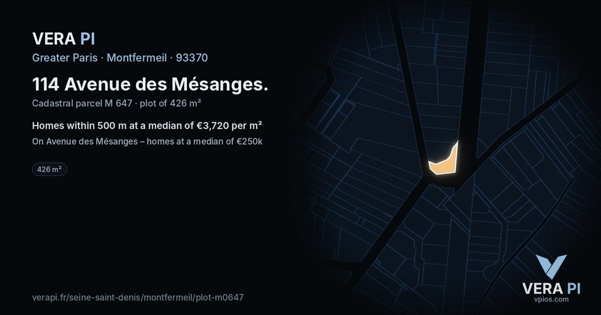 114 Avenue des Mésanges, Montfermeil at night – the plot lit, the parcels around coloured by the prices near them