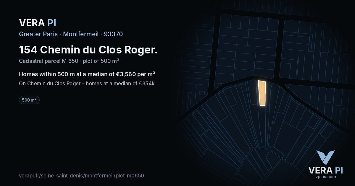 154 Chemin du Clos Roger, Montfermeil at night – the plot lit, the parcels around coloured by the prices near them