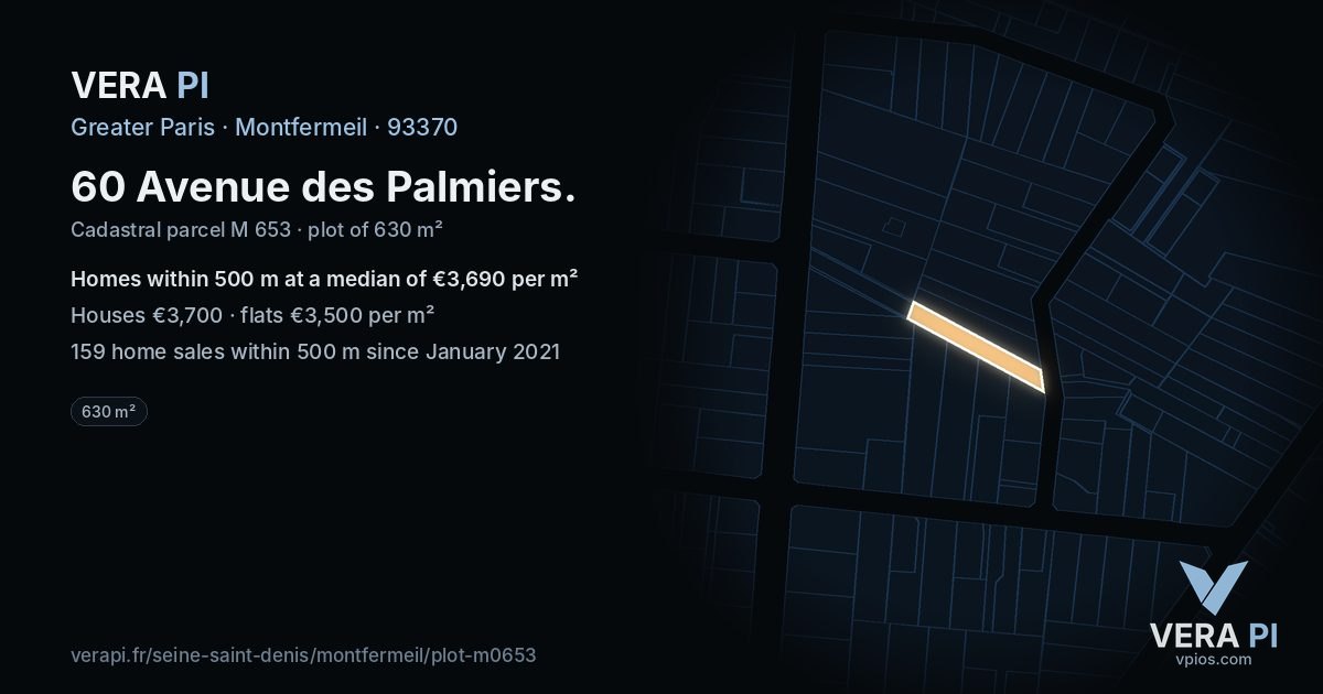 60 Avenue des Palmiers, Montfermeil at night – the plot lit, the parcels around coloured by the prices near them
