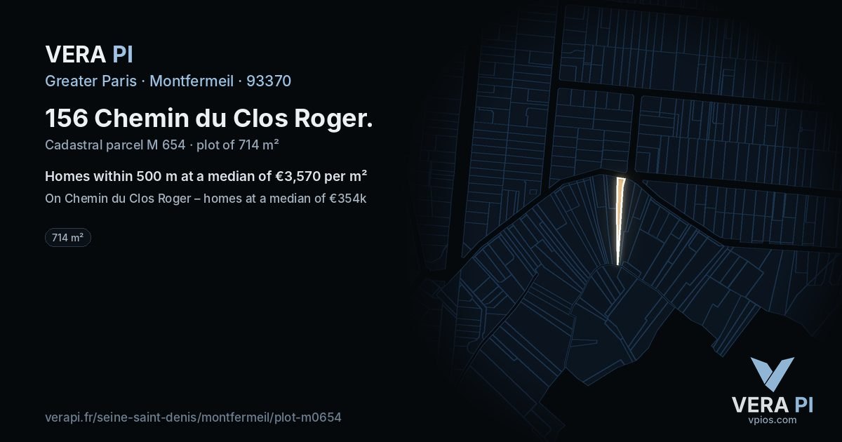 156 Chemin du Clos Roger, Montfermeil at night – the plot lit, the parcels around coloured by the prices near them