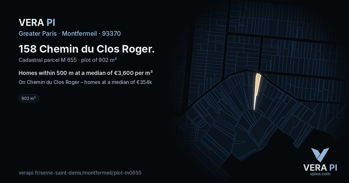 158 Chemin du Clos Roger, Montfermeil at night – the plot lit, the parcels around coloured by the prices near them
