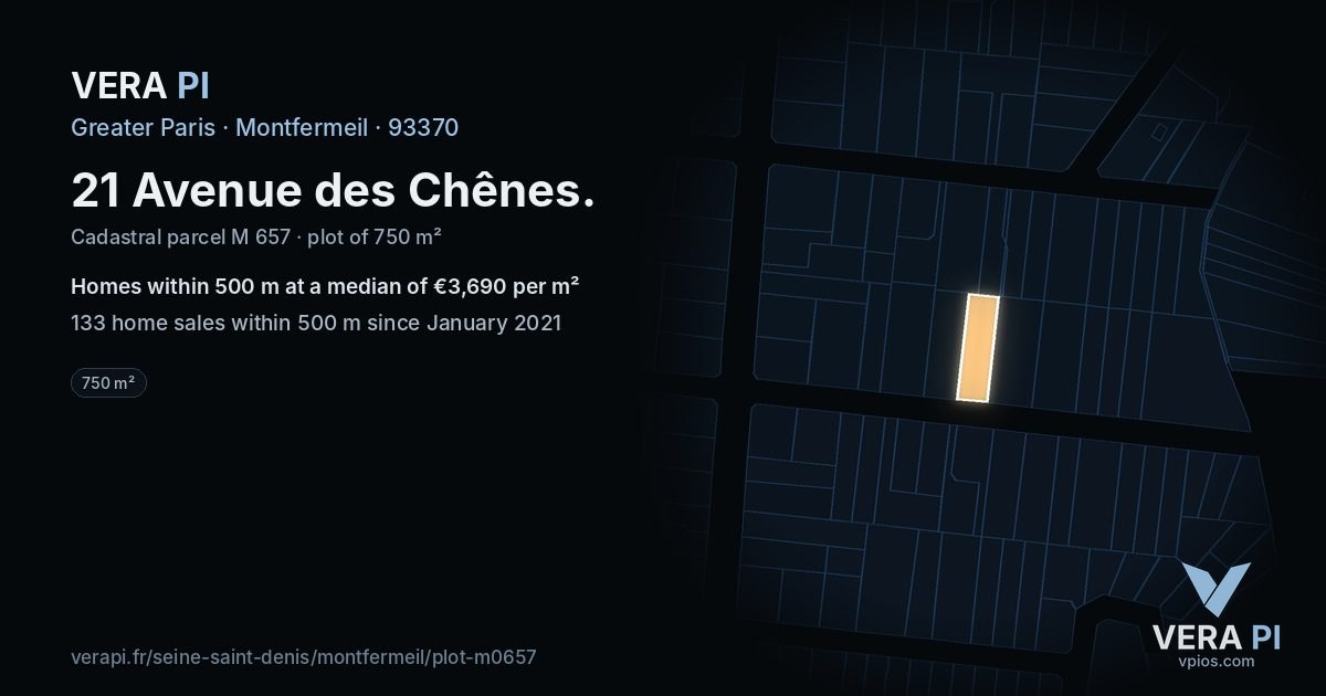 21 Avenue des Chênes, Montfermeil at night – the plot lit, the parcels around coloured by the prices near them