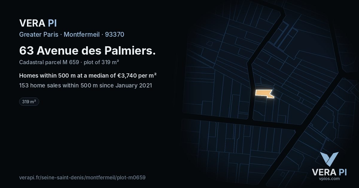 63 Avenue des Palmiers, Montfermeil at night – the plot lit, the parcels around coloured by the prices near them