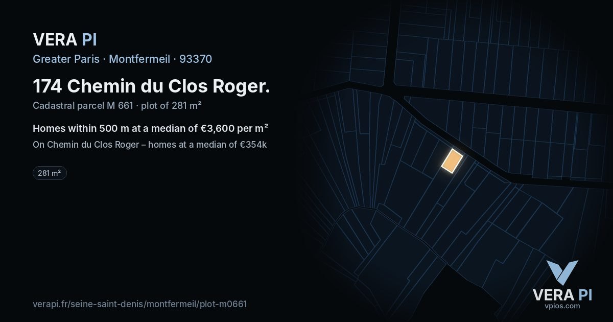 174 Chemin du Clos Roger, Montfermeil at night – the plot lit, the parcels around coloured by the prices near them