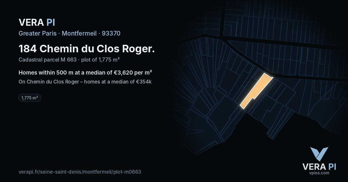184 Chemin du Clos Roger, Montfermeil at night – the plot lit, the parcels around coloured by the prices near them