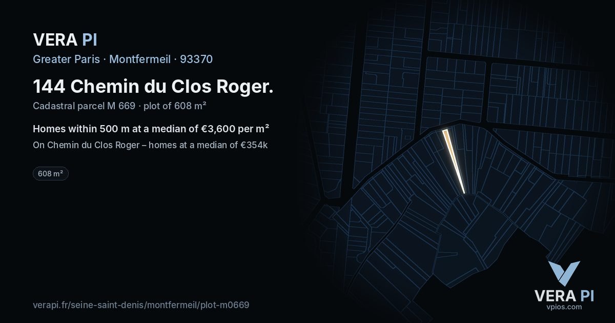 144 Chemin du Clos Roger, Montfermeil at night – the plot lit, the parcels around coloured by the prices near them