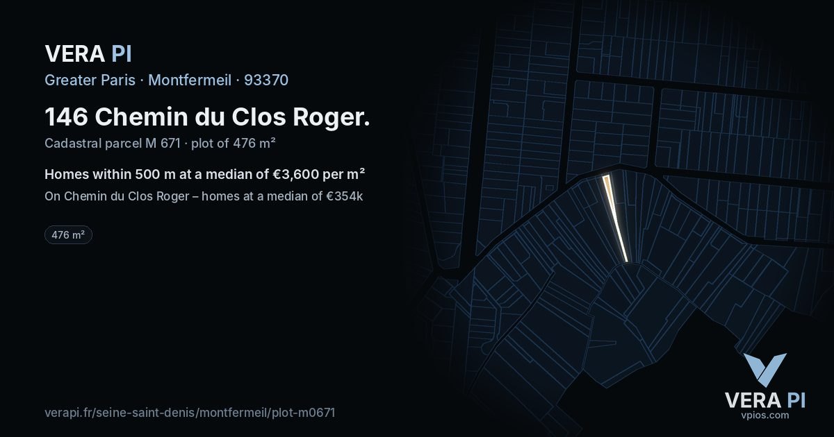 146 Chemin du Clos Roger, Montfermeil at night – the plot lit, the parcels around coloured by the prices near them