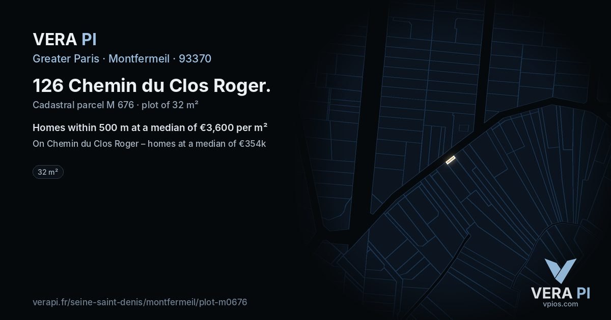126 Chemin du Clos Roger, Montfermeil at night – the plot lit, the parcels around coloured by the prices near them