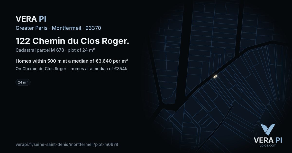 122 Chemin du Clos Roger, Montfermeil at night – the plot lit, the parcels around coloured by the prices near them