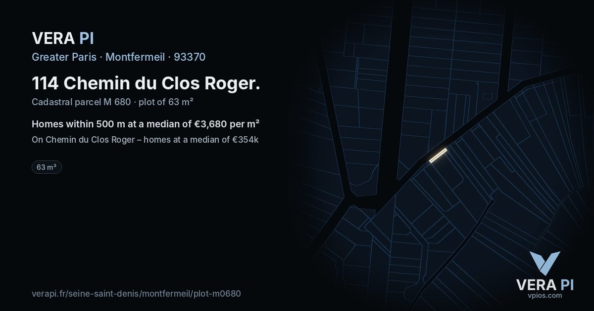 114 Chemin du Clos Roger, Montfermeil at night – the plot lit, the parcels around coloured by the prices near them